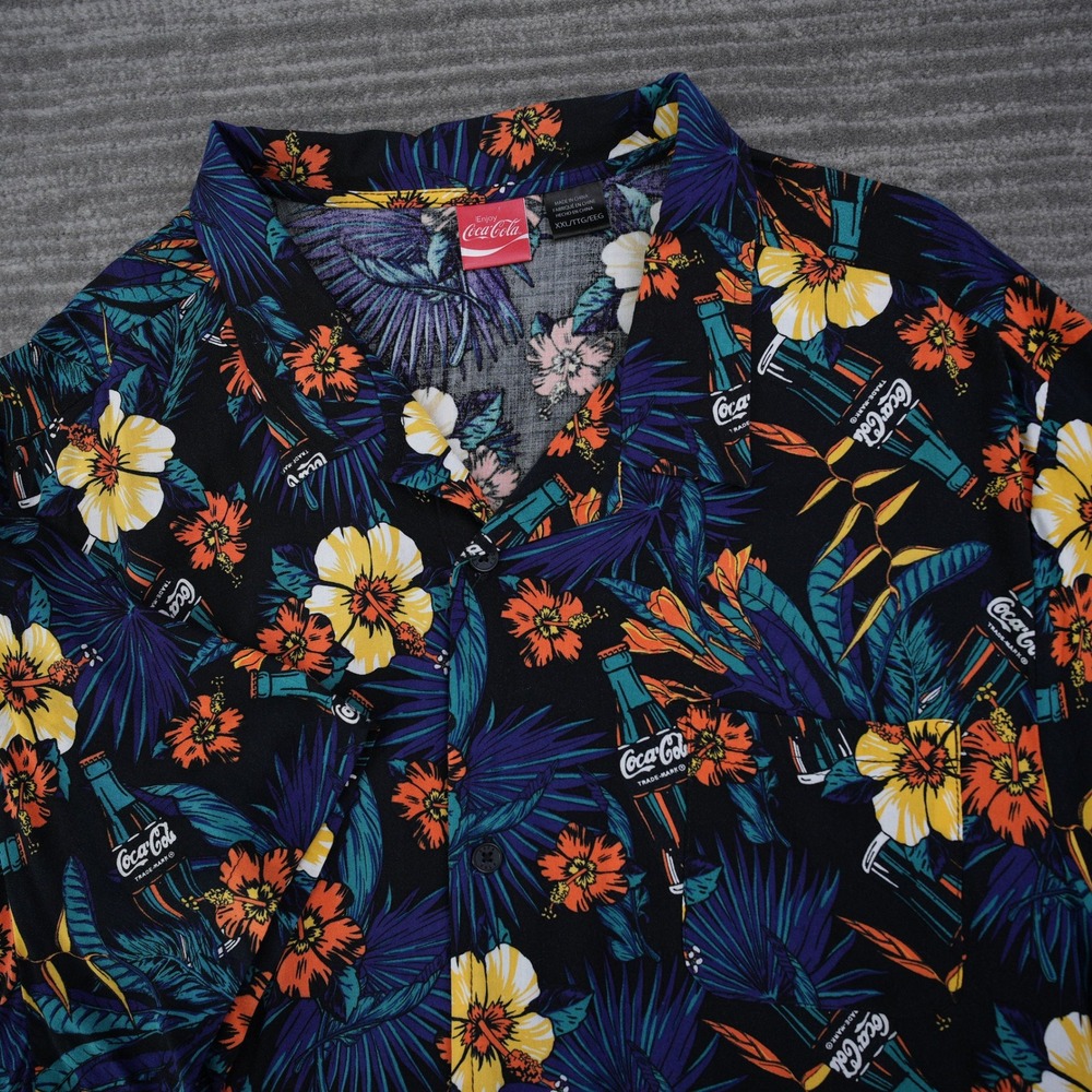 Coca-Cola Shirt Men Tropical Floral Button Down Black Rayon Aloha Camp Top 2XL